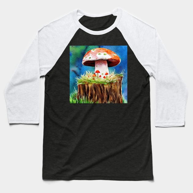 Brown Mushrooms Growing on a Stump Baseball T-Shirt by Alpenglow Workshop